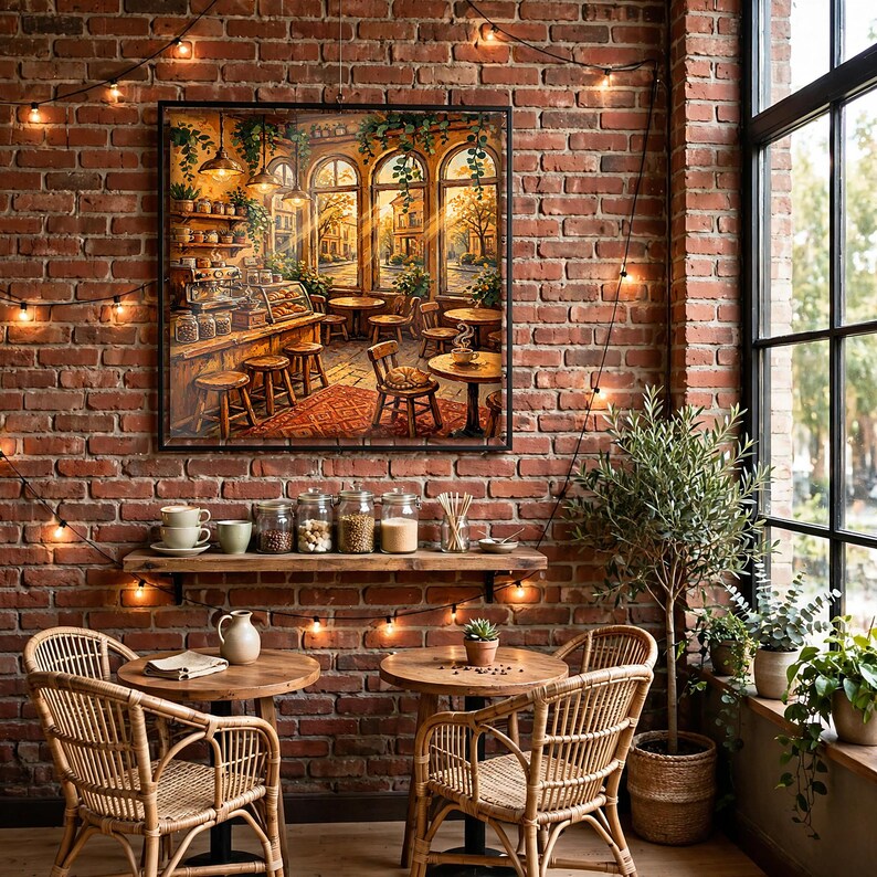May include: A framed square wall art print depicting a cozy cafe interior with wooden furniture, stools, and large windows, mounted on a rustic red brick wall above a wooden shelf holding glass jars and ceramic cups.