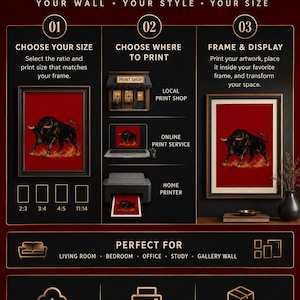 May include: An infographic titled THREAD BYTE CREATIVE PRINT YOUR ART YOUR WAY. It outlines three steps: 01 CHOOSE YOUR SIZE with ratios 2:3, 3:4, 4:5, 11:14; 02 CHOOSE WHERE TO PRINT showing a shop, laptop, and printer; 03 FRAME & DISPLAY. Includes DIGITAL DOWNLOAD.