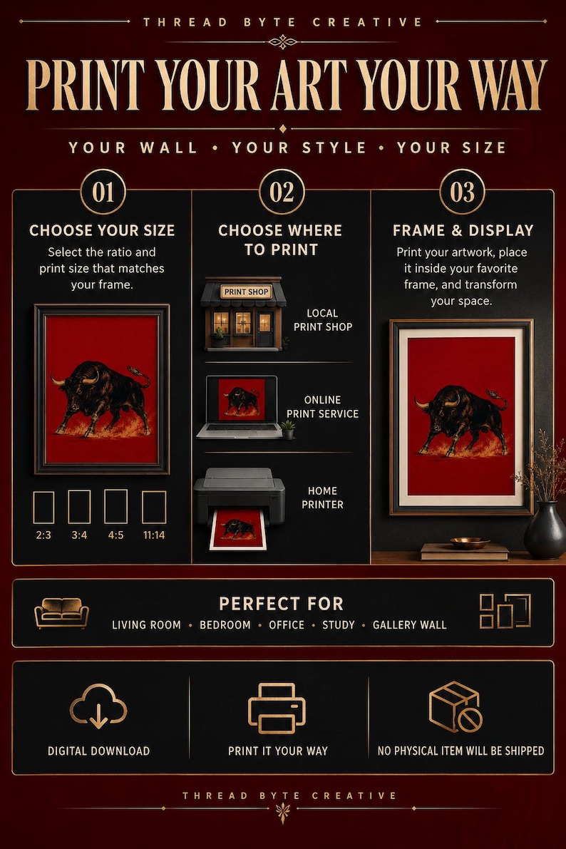 May include: An infographic titled THREAD BYTE CREATIVE PRINT YOUR ART YOUR WAY. It outlines three steps: 01 CHOOSE YOUR SIZE with ratios 2:3, 3:4, 4:5, 11:14; 02 CHOOSE WHERE TO PRINT showing a shop, laptop, and printer; 03 FRAME & DISPLAY. Includes DIGITAL DOWNLOAD.