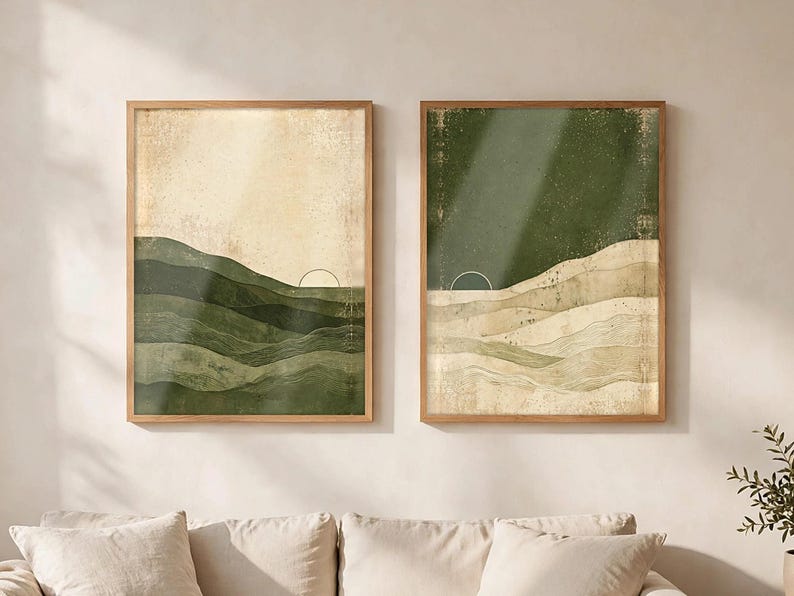 May include: Two framed wall art prints featuring abstract landscape designs. The left print shows green rolling hills against a cream sky, while the right print displays cream-colored dunes under a dark green sky, both with a thin sun arc.