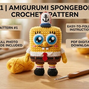 Pu&ograve; includere: Un personaggio amigurumi rettangolare giallo con grandi occhi blu, camicia bianca, cravatta rossa, pantaloni marroni e un berretto bianco con un'ancora nera. Testo: 01 | AMIGURUMI SPONGEBOB CROCHET PATTERN, PATTERN #1, EASY-TO-FOLLOW INSTRUCTIONS, FULL PHOTO GUIDE INCLUDED, PDF DIGITAL DOWNLOAD.