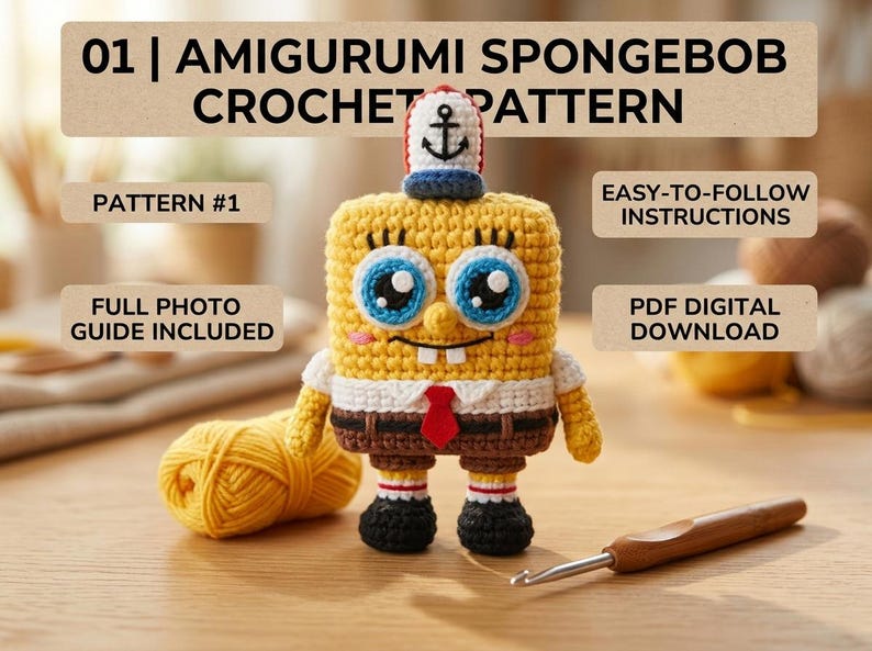 Pu&ograve; includere: Un personaggio amigurumi rettangolare giallo con grandi occhi blu, camicia bianca, cravatta rossa, pantaloni marroni e un berretto bianco con un'ancora nera. Testo: 01 | AMIGURUMI SPONGEBOB CROCHET PATTERN, PATTERN #1, EASY-TO-FOLLOW INSTRUCTIONS, FULL PHOTO GUIDE INCLUDED, PDF DIGITAL DOWNLOAD.