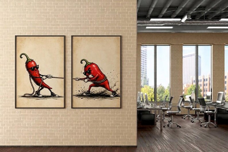 May include: Two framed wall art prints featuring a red chilli pepper character wearing sunglasses and trainers. The left print shows the chilli pulling a rope, while the right print shows the chilli straining with a determined expression while tugging.