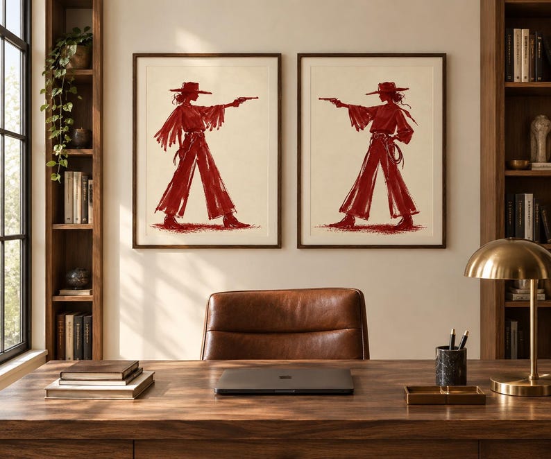 May include: Two framed wall art prints featuring a dark red ink illustration of a figure wearing a wide-brimmed hat, a fringed top, and wide-leg trousers, holding a pistol in an outstretched arm, set against a light cream-colored background.