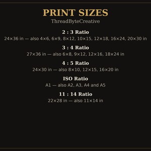 May include: A black informational chart titled PRINT SIZES by ThreadByteCreative. It lists various aspect ratios including 2:3, 3:4, 4:5, ISO, and 11:14, detailing specific imperial dimensions in inches for each category for print sizing.