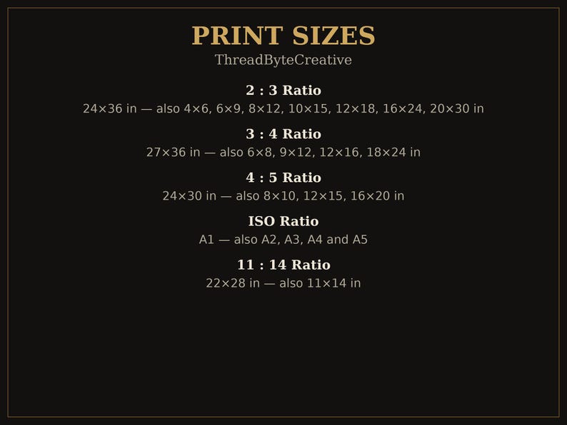 May include: A black informational chart titled PRINT SIZES by ThreadByteCreative. It lists various aspect ratios including 2:3, 3:4, 4:5, ISO, and 11:14, detailing specific imperial dimensions in inches for each category for print sizing.