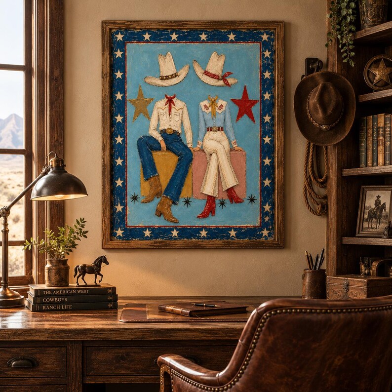 May include: A rectangular wall art piece featuring a light blue background with two headless figures wearing cowboy hats, shirts, and pants. The figures sit on blocks, surrounded by gold and red stars within a dark blue border with white stars.