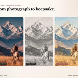 May include: A digital display showing three versions of a mountain landscape with a rider on horseback: an original photo, a black and white pencil sketch, and a coloured artwork. Text reads: Travel and landscape memories, From photograph to keepsake.