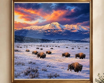 Bison Wall Art Print, Winter Buffalo Herd at Sunset, Digital Download