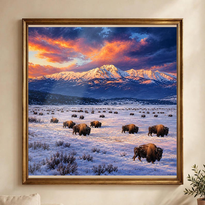 May include: A framed landscape print featuring a herd of brown bison grazing in a snow-covered field. In the background, snow-capped mountains rise under a vibrant sunset sky with orange, pink, and deep blue clouds.