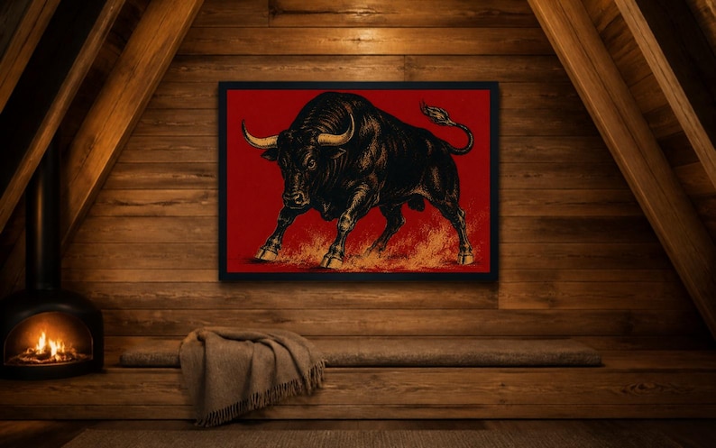 May include: A framed rectangular wall art piece featuring a detailed black bull illustration set against a solid red background. The bull is depicted in a charging stance with golden-toned horns and hooves, standing over a textured orange ground.