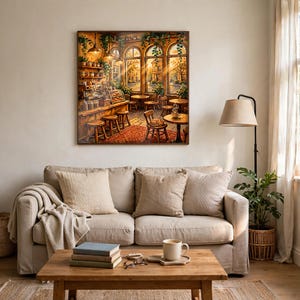 May include: A framed wall art print depicting a cozy cafe interior with warm golden sunlight streaming through large arched windows, wooden furniture, hanging plants, and a cat resting on a chair, displayed above a beige sofa and wooden coffee table.