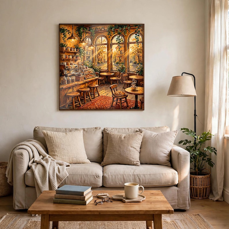 May include: A framed wall art print depicting a cozy cafe interior with warm golden sunlight streaming through large arched windows, wooden furniture, hanging plants, and a cat resting on a chair, displayed above a beige sofa and wooden coffee table.