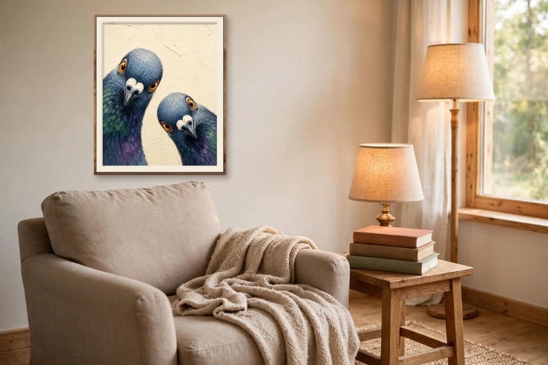 May include: A framed wall art print featuring two pigeons with iridescent blue, green, and purple neck feathers and orange eyes, set against a textured cream background, looking directly forward with curious expressions.