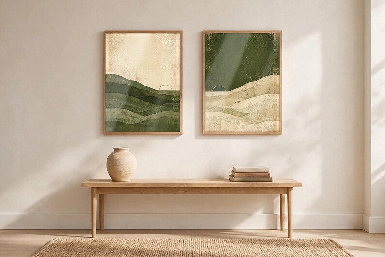 May include: Two rectangular framed wall art prints featuring abstract layered landscapes in shades of olive green, cream, and beige. Each print displays a thin arched line representing a sun. The prints are displayed side by side on a wall.