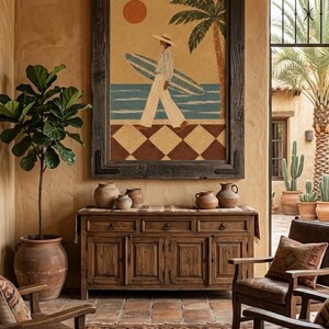 Kustväggkonst Vintage Surftryck, Retro Surfertjej med Palm, Strandhusdekoration bild 6
