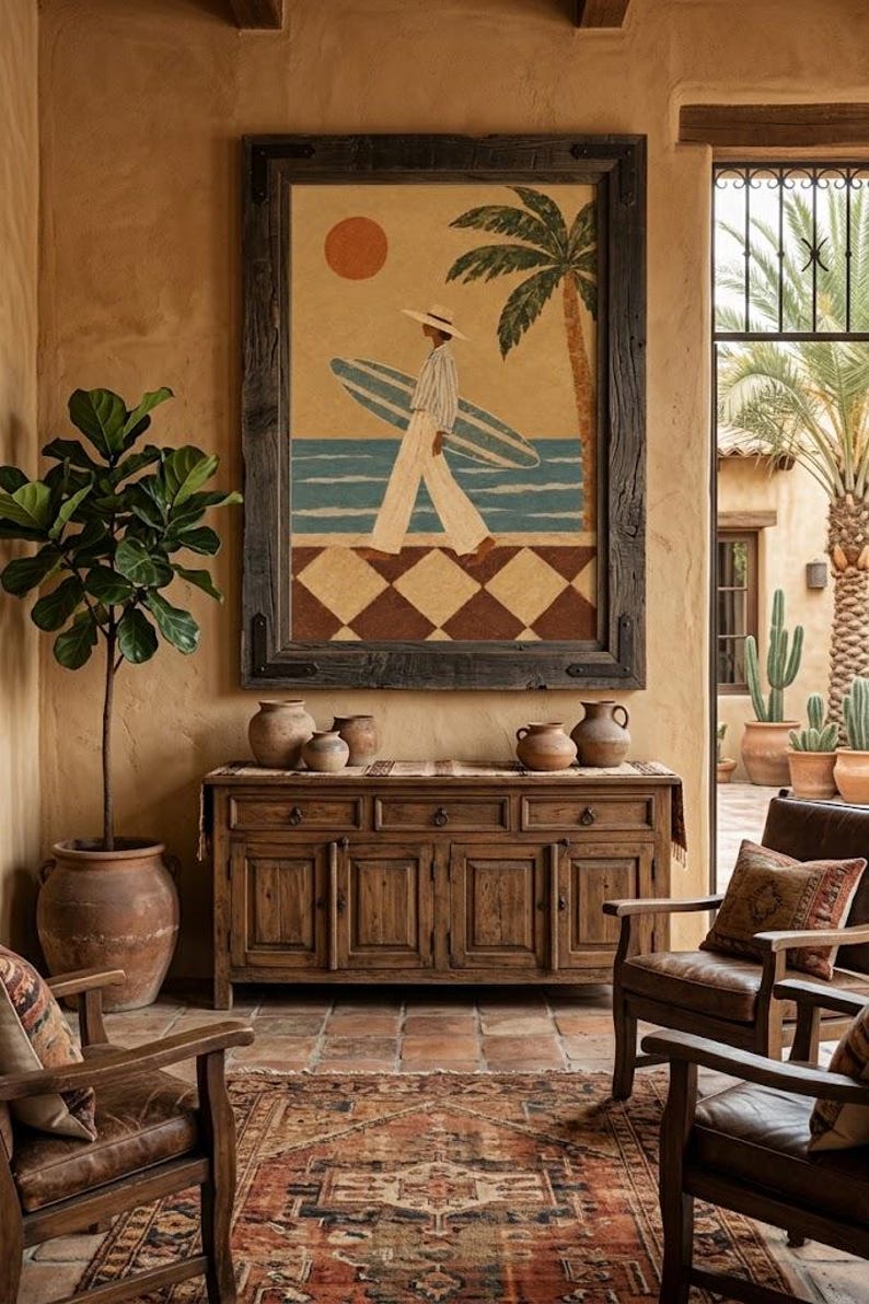 Kustväggkonst Vintage Surftryck, Retro Surfertjej med Palm, Strandhusdekoration bild 6