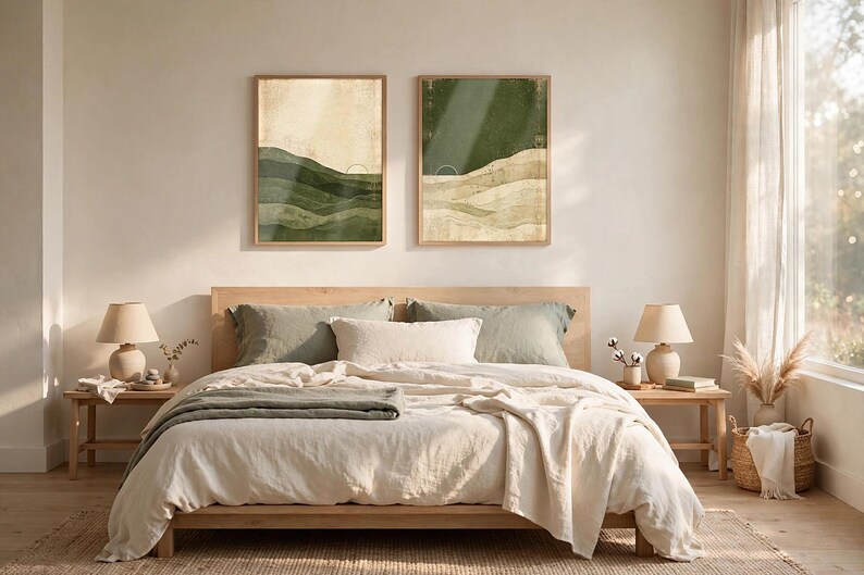 May include: Two rectangular wall art prints featuring abstract landscape designs with layered hills in shades of forest green, olive, and cream. Each print displays a minimalist sun icon and textured, earthy color blocks in a vertical orientation.