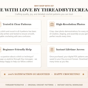 Pu&ograve; includere: Un grafico informativo intitolato MADE WITH LOVE BY THREADBYTECREATIVE. Elenca quattro caratteristiche: Tested & Clear Patterns, High-Resolution Photos, Beginner-Friendly Help e Instant Lifetime Access. Include un banner 100% SATISFACTION GUARANTEED.