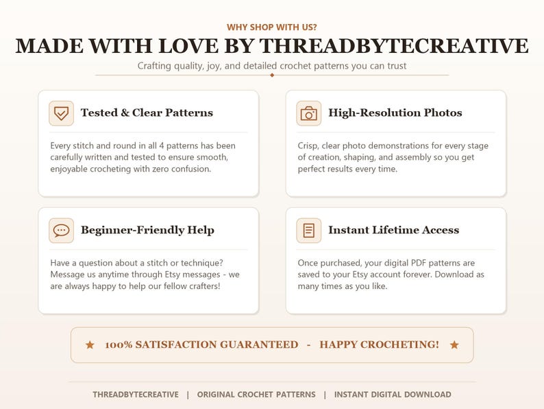 Pu&ograve; includere: Un grafico informativo intitolato MADE WITH LOVE BY THREADBYTECREATIVE. Elenca quattro caratteristiche: Tested & Clear Patterns, High-Resolution Photos, Beginner-Friendly Help e Instant Lifetime Access. Include un banner 100% SATISFACTION GUARANTEED.