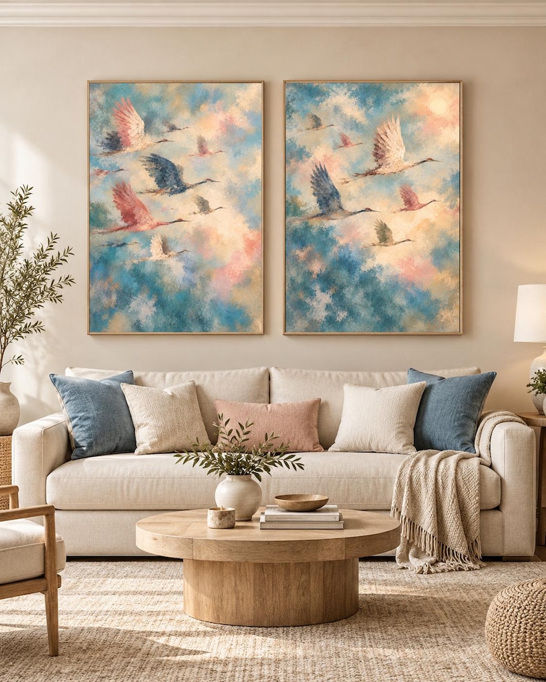 May include: Two rectangular wall art prints featuring a flock of birds in flight against a soft, blended background of blue, pink, and cream clouds. The birds are depicted in shades of white, grey, and pink, captured in various wing positions.
