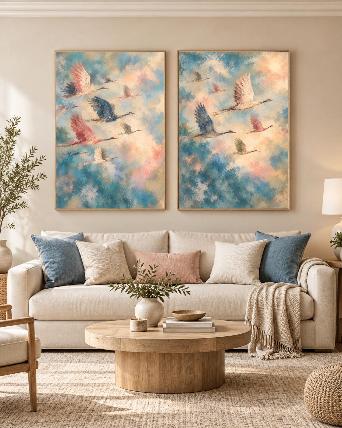Japandi Wall Art Cranes Print Set of 2, Vintage Bird Painting Download photo 2