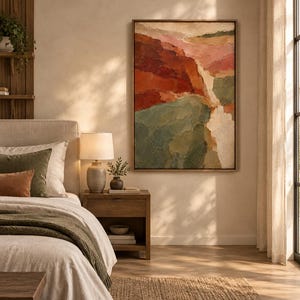 May include: A rectangular wall art piece featuring an abstract landscape painting with thick, textured brushstrokes in shades of deep red, muted green, soft pink, and cream, enclosed within a thin, natural-toned wooden frame.
