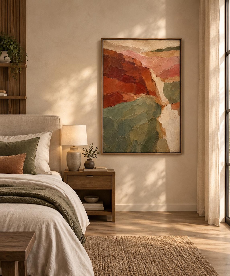 May include: A rectangular wall art piece featuring an abstract landscape painting with thick, textured brushstrokes in shades of deep red, muted green, soft pink, and cream, enclosed within a thin, natural-toned wooden frame.