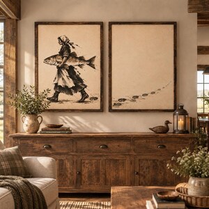 May include: Two framed rectangular wall art pieces with dark wood frames. The left print shows a person in a headscarf and boots carrying a large fish. The right print features a series of footprints leading across a beige, textured background.