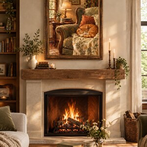 May include: A rectangular framed wall art print depicting a cozy interior scene with a sleeping orange tabby cat curled up on a patterned armchair, positioned above a stone fireplace with a burning fire and a wooden mantelpiece.