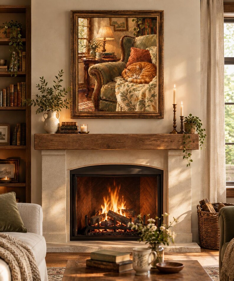 May include: A rectangular framed wall art print depicting a cozy interior scene with a sleeping orange tabby cat curled up on a patterned armchair, positioned above a stone fireplace with a burning fire and a wooden mantelpiece.