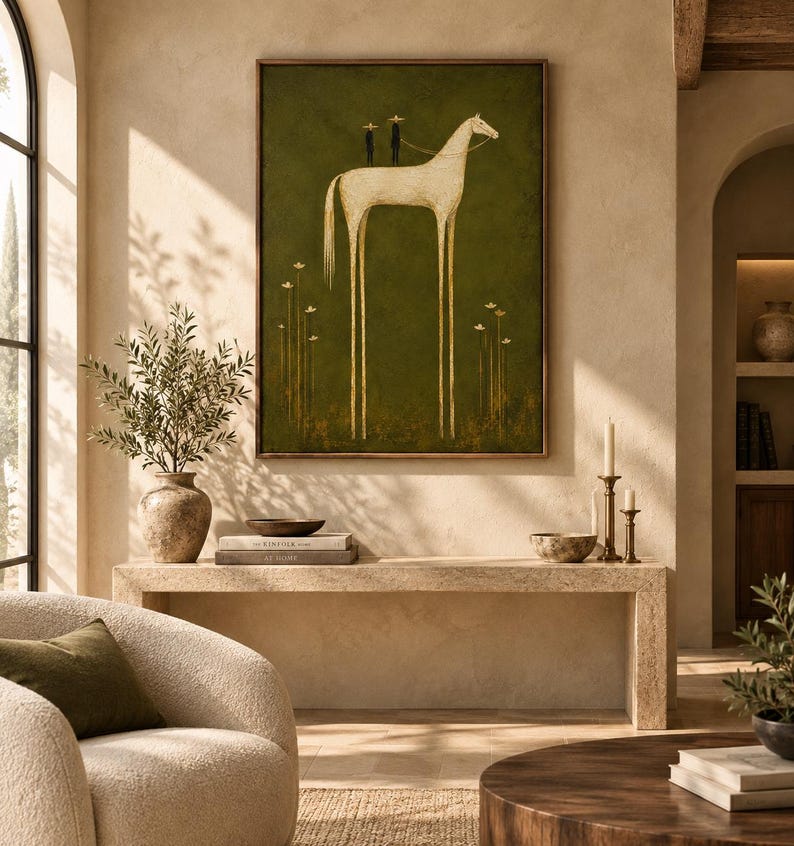 May include: A rectangular wall art piece featuring a tall, slender white horse with long legs standing in a dark olive green field. Two small dark figures with wide-brimmed hats stand on the horse's back. Thin, delicate white flowers grow below.