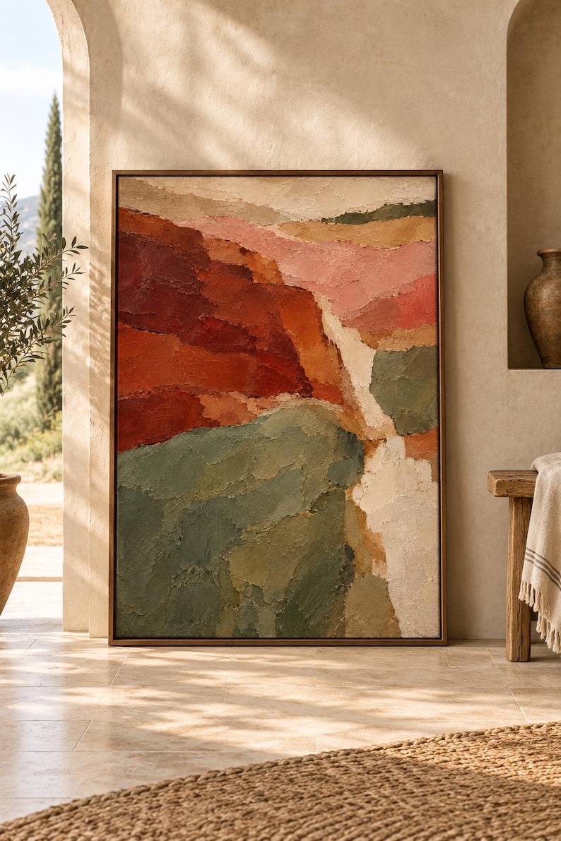May include: A rectangular framed wall art piece featuring an abstract landscape painting with thick, textured impasto brushstrokes. The composition displays layered horizontal bands of deep red, burnt orange, muted pink, sage green, and cream.