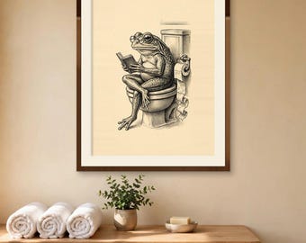 Funny Bathroom Wall Art, Frog on Toilet Print, Vintage Retro Frog Reading Book Digital Download