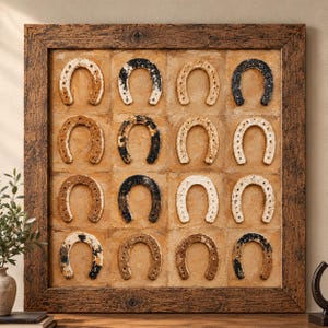 May include: A square wall art piece featuring a dark brown distressed wooden frame enclosing a grid of sixteen individual tan tiles. Each tile displays a single metal horseshoe in varying shades of black, white, and rust-coloured brown.