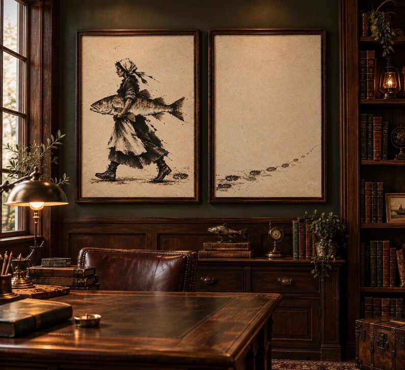May include: Two framed wall art prints featuring a monochromatic ink-style illustration. The left print depicts a person in a headscarf and boots carrying a large fish. The right print shows a trail of footprints leading across a blank background.