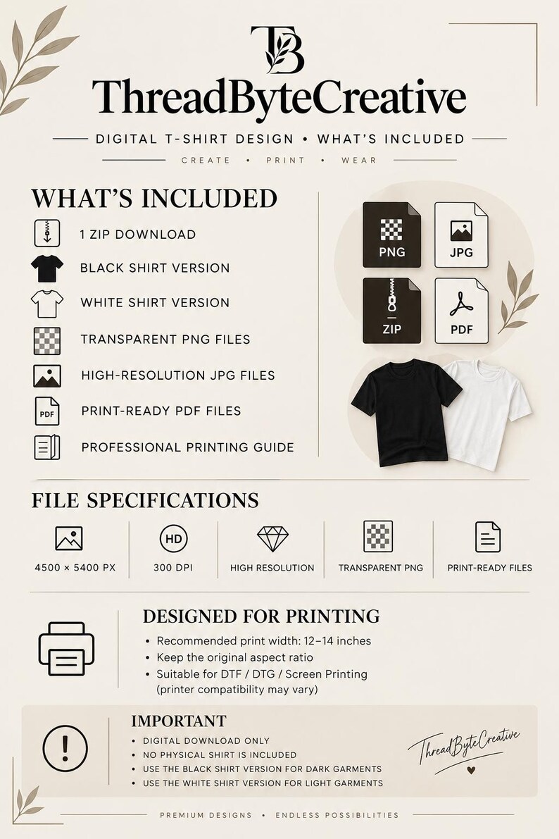 May include: A digital product information sheet for ThreadByteCreative featuring t-shirt design specifications. It lists inclusions like ZIP, PNG, JPG, and PDF files, print dimensions of 4500 x 5400 px at 300 DPI, and printing guidelines for DTF, DTG, and screen printing.