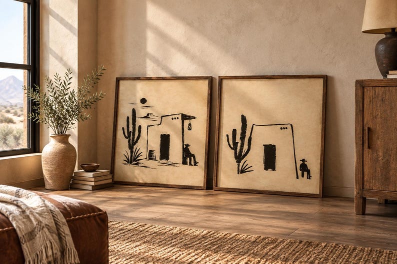 May include: Two square framed wall art pieces featuring black ink illustrations on a beige background. The artwork depicts desert scenes with saguaro cacti, adobe-style buildings, and a figure wearing a cowboy hat sitting near the structures.