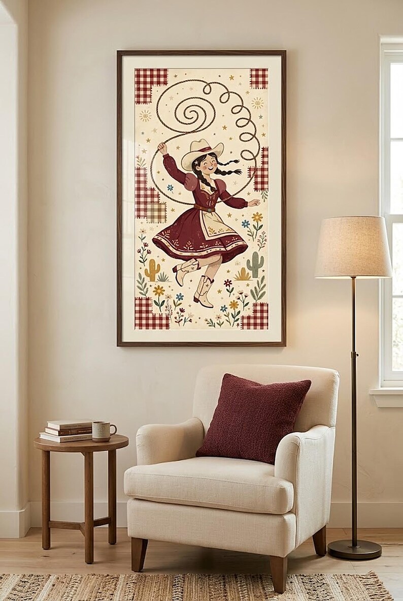 Dancing cowgirl art print above a reading armchair with a burgundy cushion — folk art print for a reading nook or study, printable wall art
