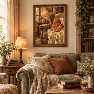 May include: A framed wall art print depicting a ginger cat curled up on a green armchair with a patterned throw blanket and a rust-colored pillow, set in a cozy room with a lamp and a window, captured in a warm, detailed painterly style.