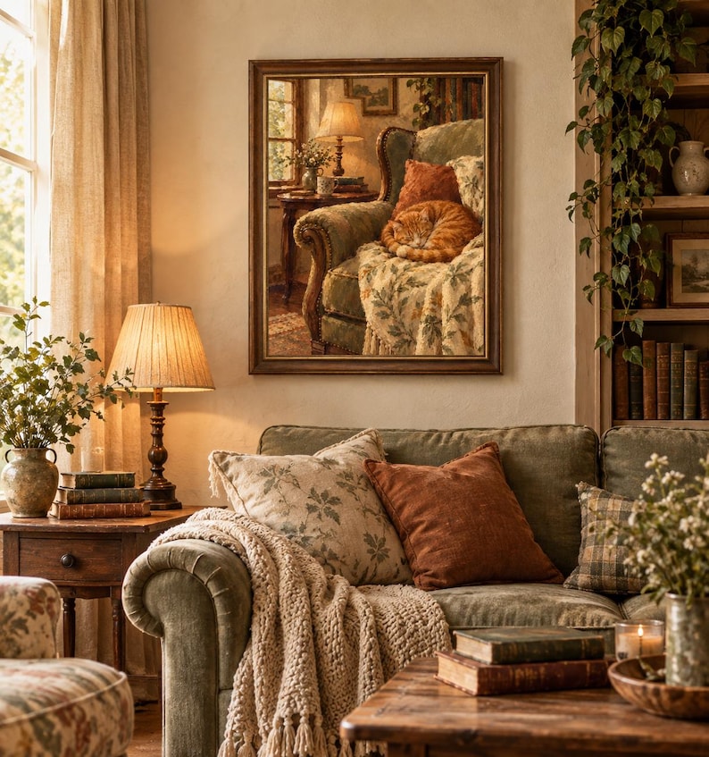 May include: A framed wall art print depicting a ginger cat curled up on a green armchair with a patterned throw blanket and a rust-colored pillow, set in a cozy room with a lamp and a window, captured in a warm, detailed painterly style.