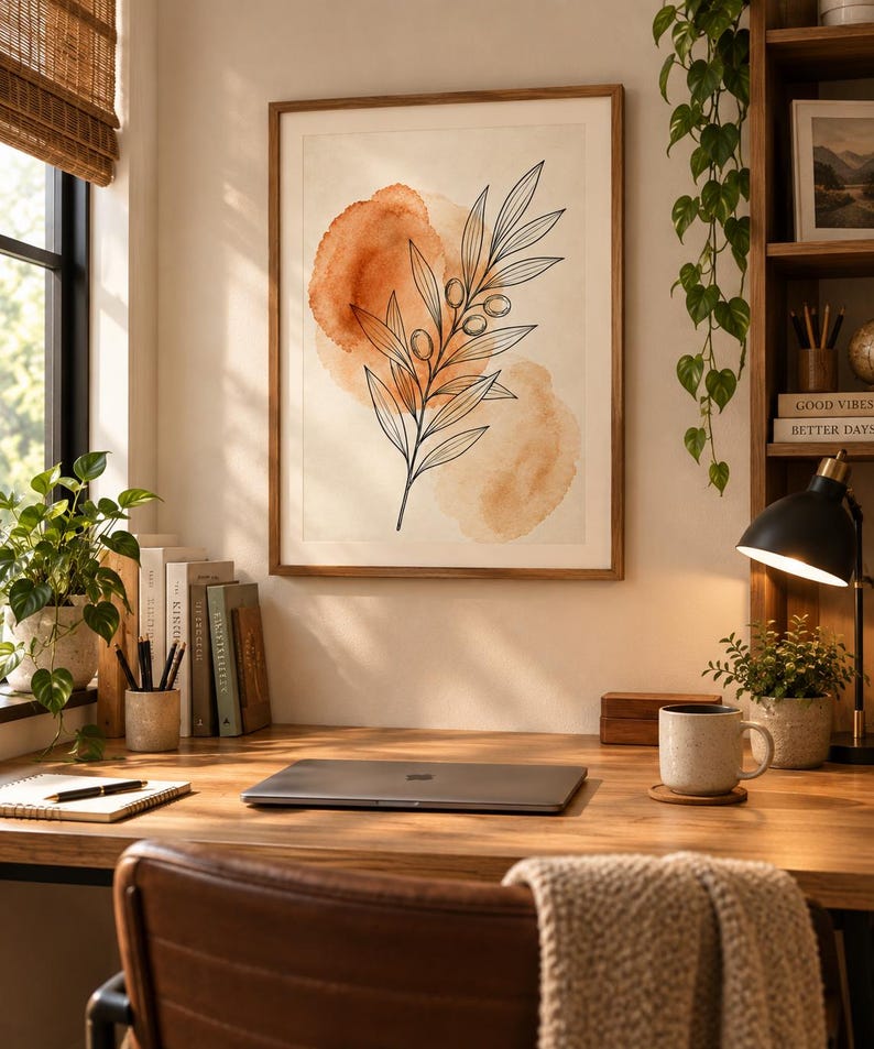 May include: A framed wall art print featuring a black line drawing of an olive branch with leaves and small olives, layered over two soft, abstract watercolor shapes in shades of burnt orange and light peach on a cream-colored background.