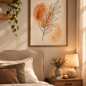 May include: A framed wall art print featuring a black line drawing of an olive branch with leaves and small olives, layered over two soft, circular watercolor washes in shades of burnt orange and peach on a light cream background.