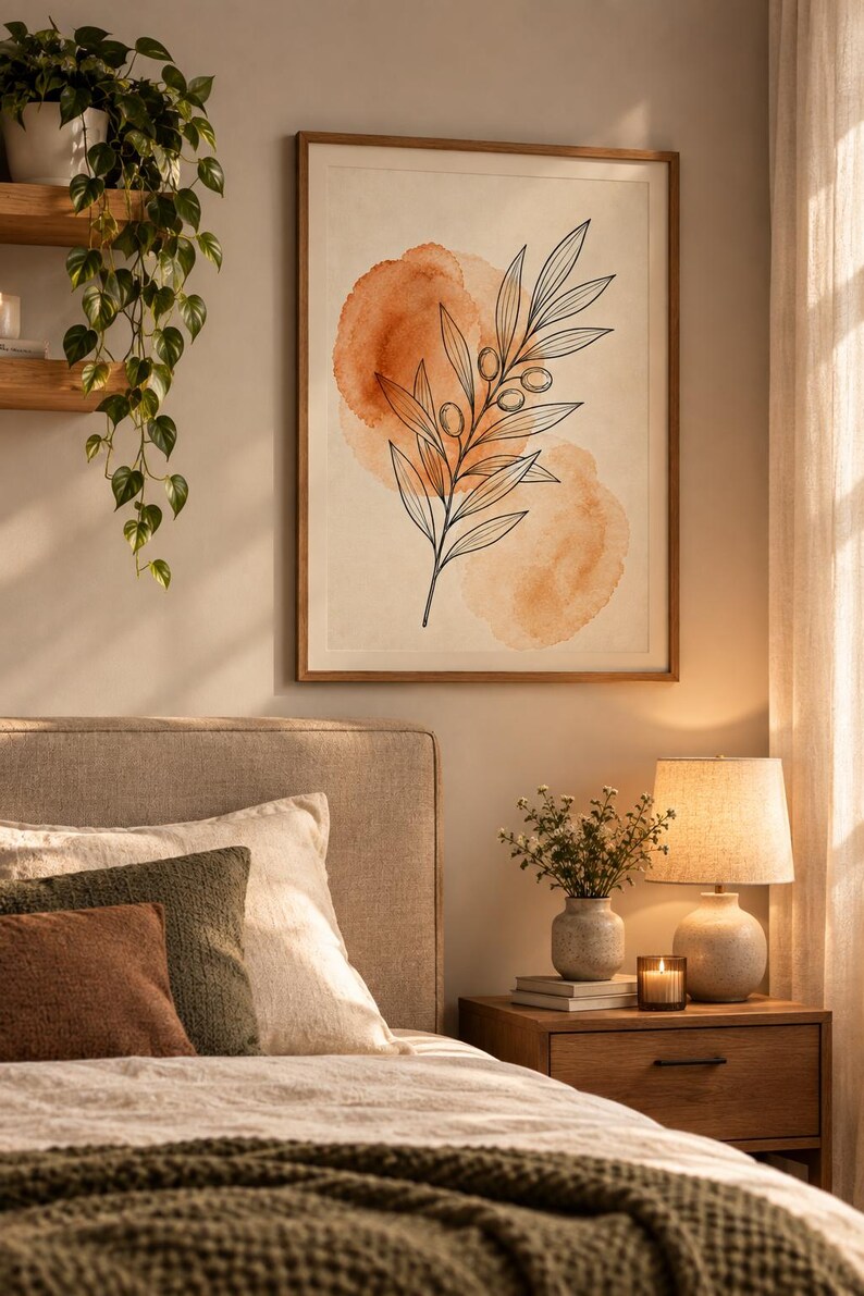 May include: A framed wall art print featuring a black line drawing of an olive branch with leaves and small olives, layered over two soft, circular watercolor washes in shades of burnt orange and peach on a light cream background.