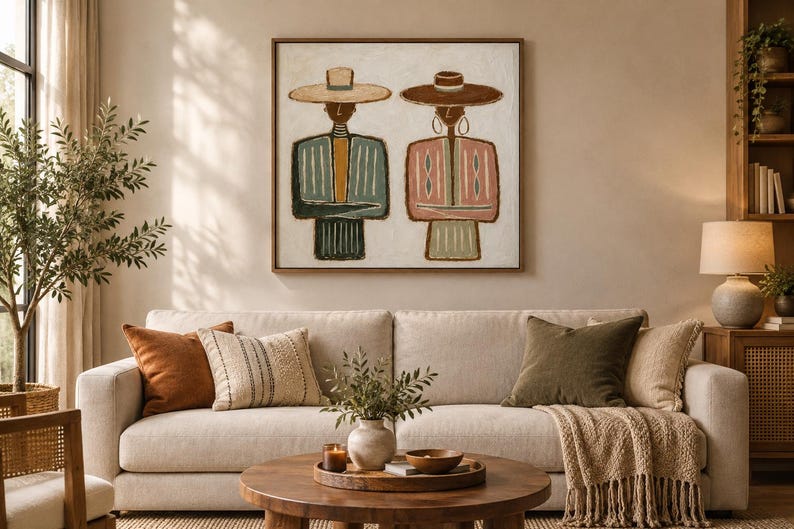 May include: A square wall art piece featuring two stylized figures wearing wide-brimmed hats and patterned tunics in shades of teal, pink, brown, and cream. The figures are depicted with simple lines against a textured off-white background.