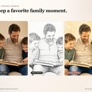 May include: A digital display showing three versions of a family portrait: an original photo, a pencil sketch, and a coloured artwork. The text reads: FAMILY PORTRAIT EXAMPLE, Keep a favourite family moment, ORIGINAL PHOTO, PENCIL SKETCH, COLOURED ARTWORK.