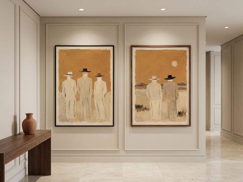 May include: Two framed wall art prints featuring abstract figures in light-coloured suits and hats against a warm ochre background. The left print shows three figures standing, while the right print depicts two figures in a landscape with a pale sun.