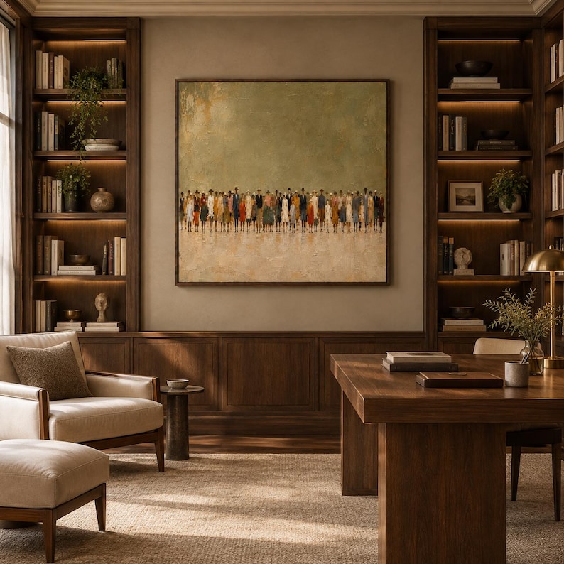 May include: A large square wall art piece featuring a crowd of abstract figures in muted tones of brown, orange, and blue against a textured olive green background, displayed in a dark wood frame centered above a wooden desk in a home office.
