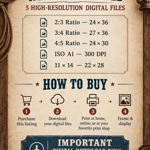 May include: A digital download information sheet with a western theme. It lists 5 high-resolution digital files with various ratios and sizes, including 2:3, 3:4, 4:5, ISO A1, and 11x14. It outlines a four-step buying process and states digital download only.