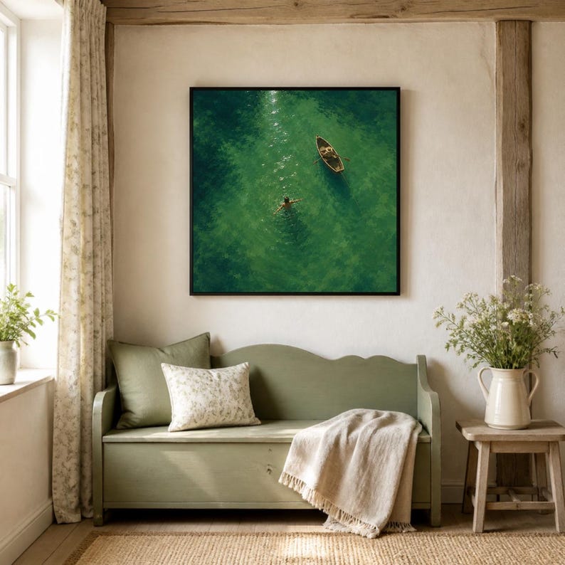 May include: A square wall art print featuring an aerial view of a small wooden rowboat and a person swimming in clear, deep green water. The artwork is framed in a thin black border and displayed on a light-colored wall above a green wooden bench.